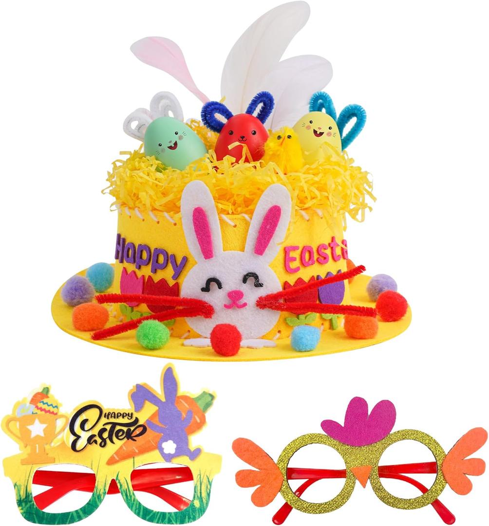 Yushanju Easter Crafts Kits Eyeglasses DIY Easter Hat Kit Easter Chick Bunny Egg for Holiday Party Supplies Game Decorations Cartoon Cap Gifts Photo Props(Yellow)