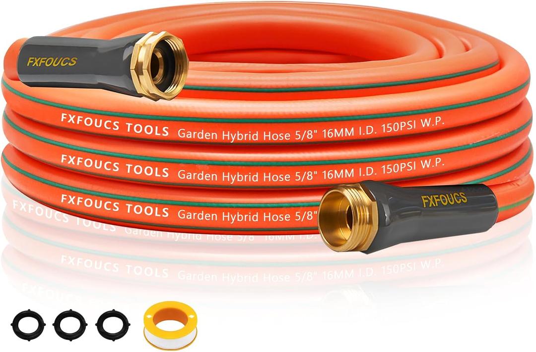 FXFOUCS Heavy Duty Garden Hose – 5/8 Inch Flexible, Lightweight Hybrid Hose with 600 PSI Burst Pressure, Swivel Handle, and Durable Copper Male/Female Fittings (Orange, 25FT)