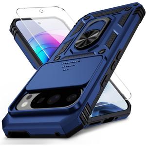 2 x for Google Pixel 9 Pro XL Case with Camera Lens Cover, HD Screen Protector, 10 FT Military Grade Drop Protection, Magnetic Ring Holder Kickstand Protective Phone Case, Navy Blue