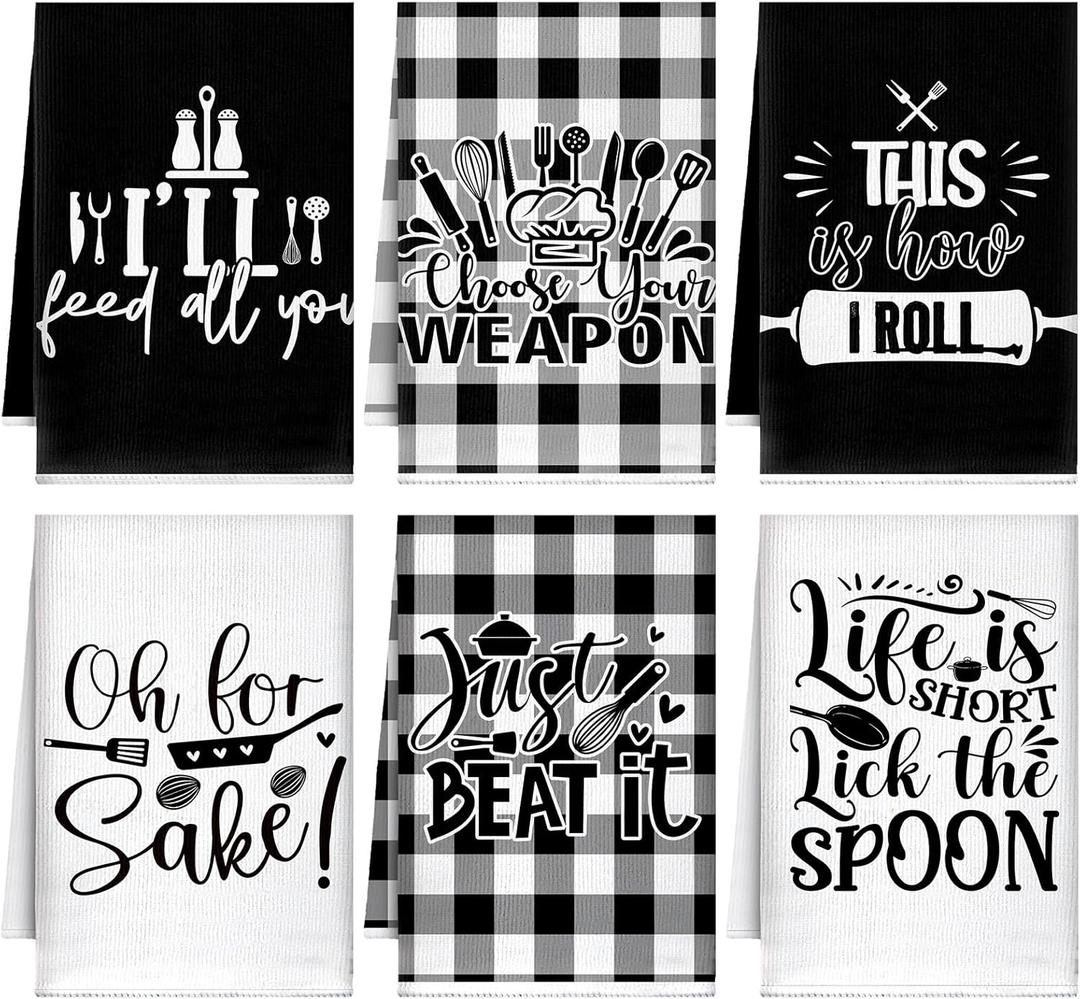 Bencailor 6 Pcs Black White Plaid Kitchen Towels Decorative Sets Dish Towels Absorbent Fast Drying Hand Tea Vintage Hanging Reusable Cleaning Dishcloths for Cooking Farmhouse Bathroom Accessory