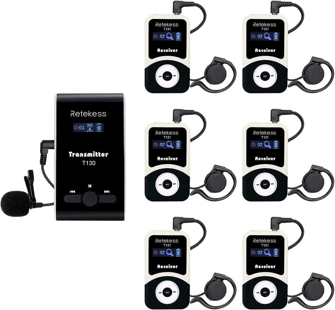 Retekess T130 Tour Guide Headsets System, Whisper Device, Classic Style, Easy to Use, Tour Guide Microphone for Church, Court, Conference (1 Transmitter 6 Receivers)
