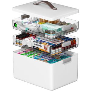 Spreezy 3-Tier Portable Medicine Organizer Box with Transparent Compartments, Home & Travel First Aid Kit, Easy-View Stackable Storage Case for Pills, Bandages & Medical Supplies