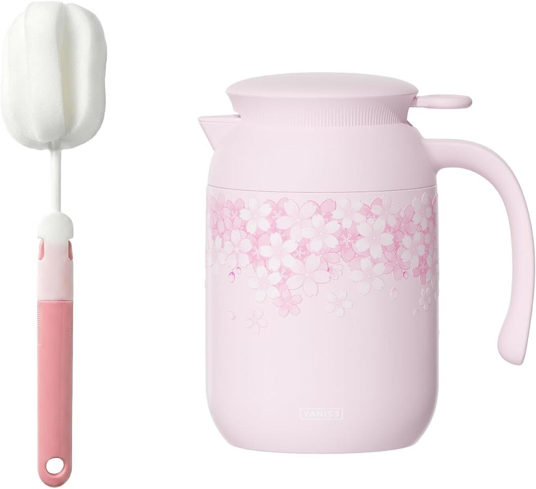 40.5 oz Thermal Coffee Carafe, Stainless Steel Insulated Carafe, Vacuum Thermal Pot with Leak-Proof Lid, Keeping Hot Cold Coffee, Tea, Beverage, Used at Office, Home, Picnic (Pink Sakura)
