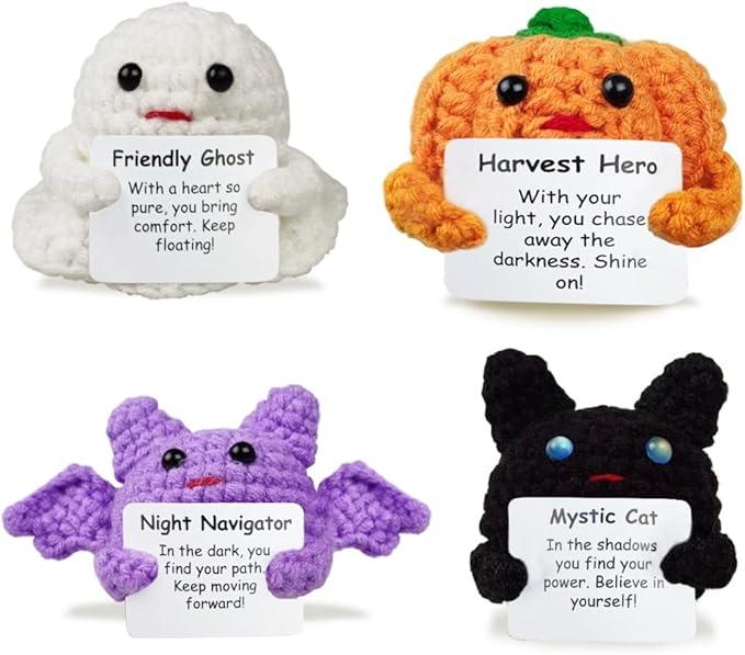 Muyiz 4 Pack Knitted Wool Halloween Toys with Positive Card Crochet Dolls for Halloween Party Favors Treat Bags Cheer Up Gifts( 10 packs)