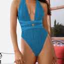 ZAFUL Women's One Piece Swimsuit Deep V Neck Ribbed Self Tie Sexy High Cut Bathing Suit Crisscross Back Swimwear (Blue, L)