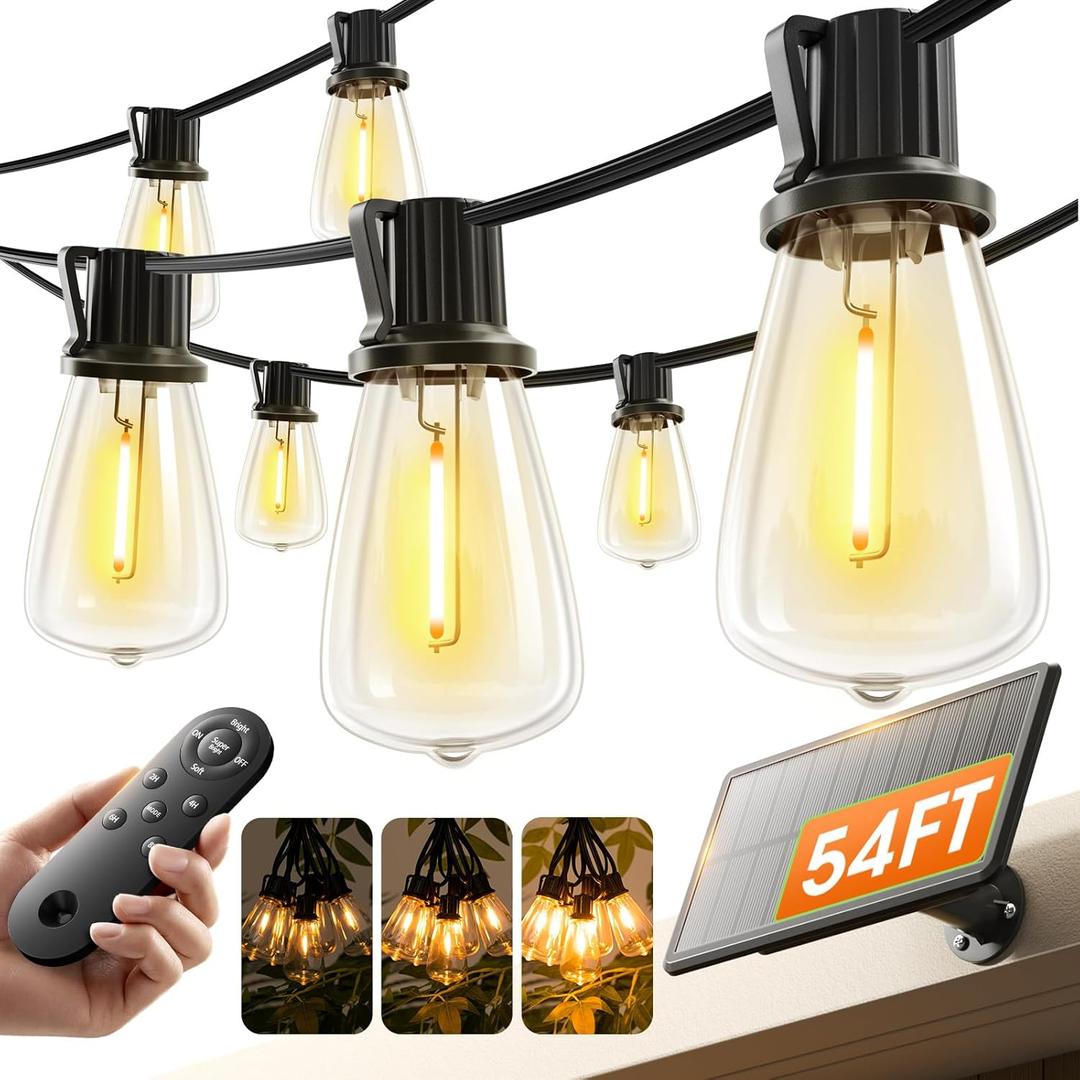 KYY 54FT Solar String Lights Outdoor Waterproof with USB Charging & Remote, Dimmable & Timable, Solar Powered Patio Lights with LED Shatterproof Bulbs for Deck Backyard Porch Garden Camping (48+6FT(16 Sockets), Black)