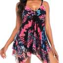 Zando Swimsuits for Women 2025 | Plus Size Swimsuit Tummy Control Modest | Flowy Swimdress (14-16, Red Blue Tie Dye)