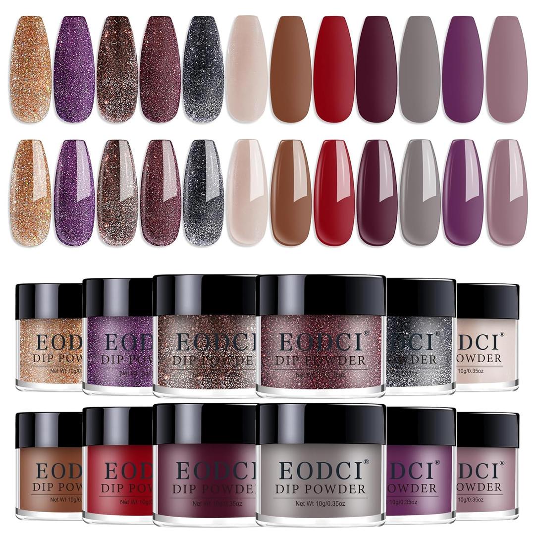 Nail Dip Powder Set, 12 Colors Glitter Dark Red Purple Black Gold Nail Dipping Powder Starter Kit French Nail Art Sparkle Shimmer Manicure Salon DIY No Need Nail Lamp Cured