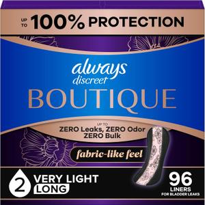 Always Discreet Boutique Incontinence Panty Liners for Bladder Leaks, Size 2, Very Light Absorbency, Long Length, 96 Count (3 Packs of 32)