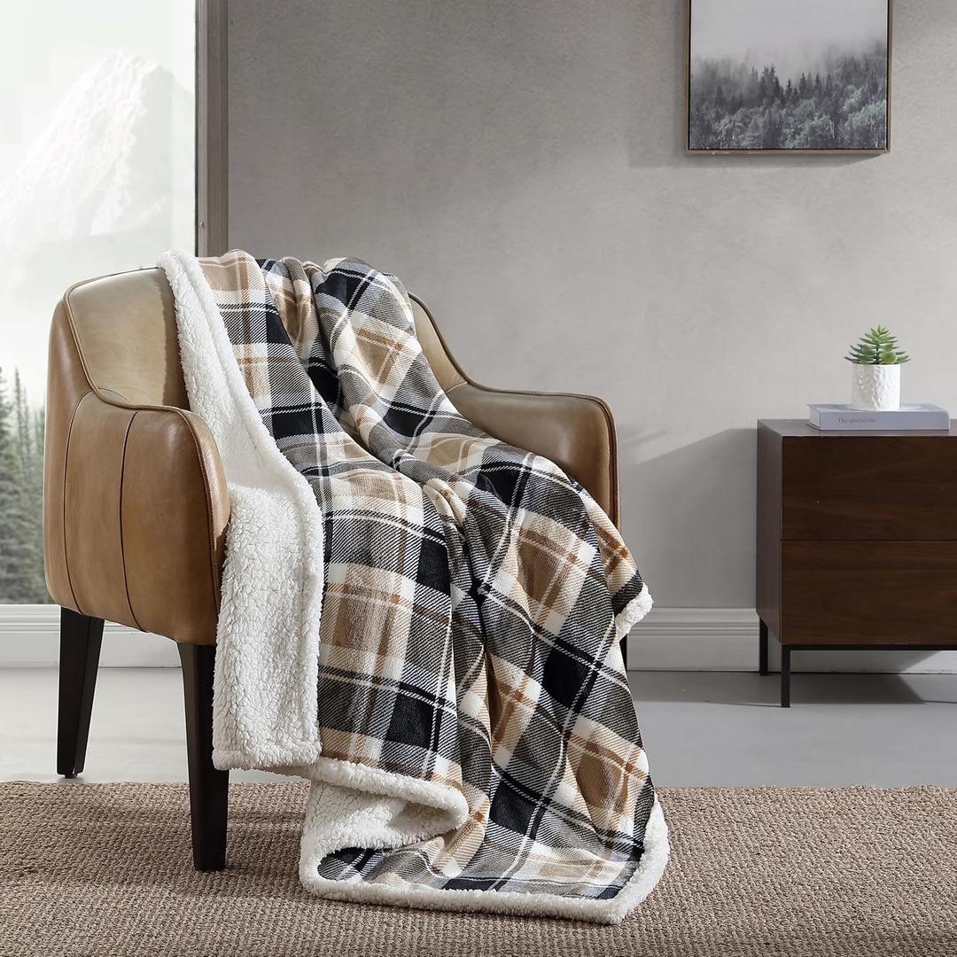 Eddie Bauer - Blanket, Super Soft Reversible Sherpa & Brushed Fleece Bedding, Throw Blankets for Couch, Ideal for Lounging (Rugged Plaid Beige) (50" x 60")
