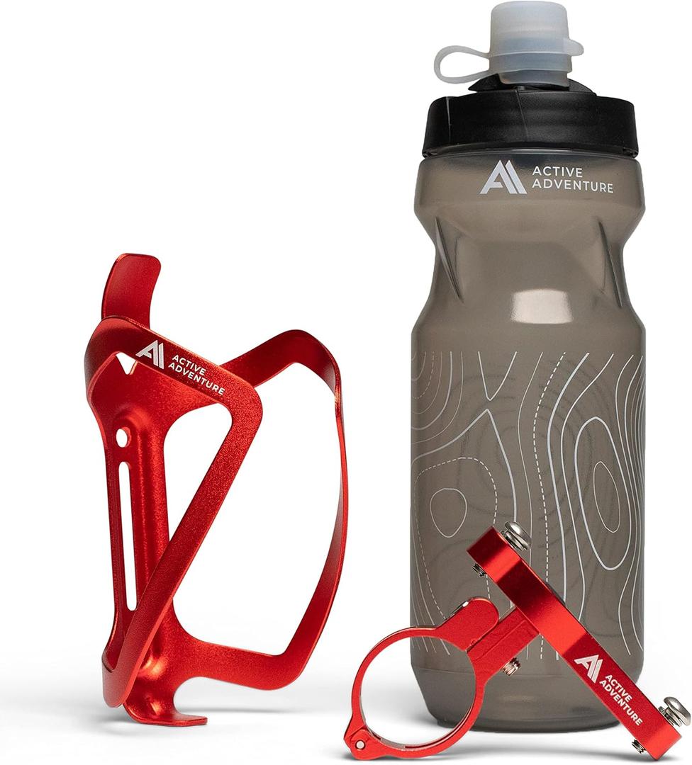 Bike Water Bottle Holder Combo - 20 Oz Squeeze Bottle & Bicycle Mount Cage Rack, No Screws Needed, Durable Alloy - Fits All Handlebar Bikes & MTB Mountain Road - for Adults, Kids (Red)