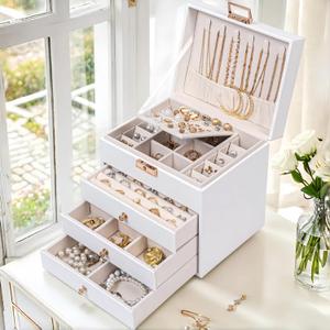Leather Jewelry Box with Lock for Women, 4-Tier 3-Drawer Jewelry Organizer, Large Capacity Vanity Storage Case for Earrings Rings Necklaces, Gift for Her (White)