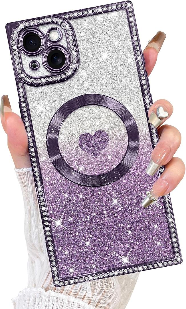 Fiyart Designed for iPhone 15 Case,Compatible with MagSafe Love Hearts Plating Soft Slim TPU Rectangular Magnetic Glitter Shockproof Phone Bumper for Women Girls 6.1"-Purple Fiyart Designed for iPhone 15 Case,Compatible with MagSafe Love Hearts Plating Soft Slim TPU Rectangular Magnetic Glitter Shockproof Phone Bumper for Women Girls 6.1"-Purple
