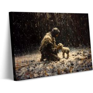 Jesus and Lamb Canvas Wall Art Jesus Christ Finds the Lost Lamb Poster Print Christian Lost Sheep Parable The Good Shepherd Wall decor Pictures for Living Room Bedroom Church Decoration 12x16in