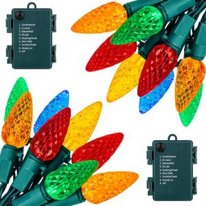 Brightown C6 LED Christmas String Lights - 2 Pack 20ft 60LED Battery Operated Strawberry String Lights with Timer and 8 Light Modes for Christmas Trees, Wreaths, Indoor Outdoor Xmas Decor, Multicolor