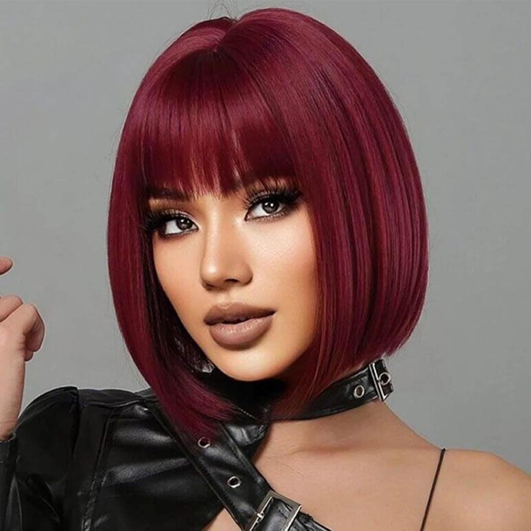Wine Red Bob Wig With Bangs 12 Inch Burgundy Wig Short Synthetic Fiber Bob Wigs for Women Short Bob Wigs and Halloween Cosplay Wig With One Cap (Wine Red)
