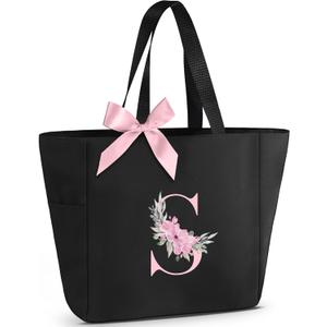 Vavabox Tote Bag, A-Z Initial Monogrammed Waterproof Tote Bag, Bridesmaid Gifts for Women, Black and Pink