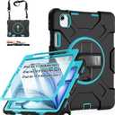 Case for iPad Air 11 M4 2026/ M3 2025/ M2 2024: Silicone Cover for iPad Air 5th & 4th Generation 10.9 Inch (2020/2022) with Screen Protector- Stand- Handle- Shoulder Strap- Pencil Holder (Black+Mint Green)