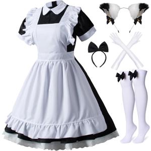 Japanese Anime 6Pcs Lolita French Maid Apron Fancy Dress Cosplay Costume Gloves Headwear Socks Set(Black 3XL)