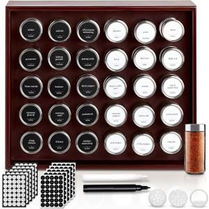 BOURBON & BARREL Wooden Spice Rack Organizer with Glass Jars | Stainless Steel Lids | Bamboo Countertop Spice Organization | 350 Waterproof Spice Labels | 2 Chalk Markers | 30 4oz Jars [Cherry]