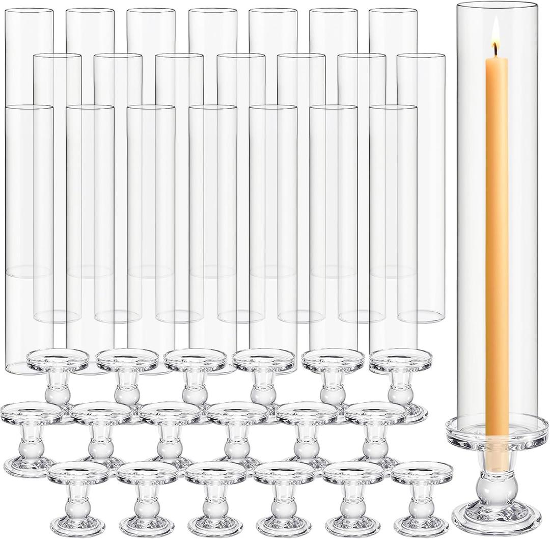 Teenyyou 24 Set Glass Hurricane Candle Holders 12.6" Open Ended Glass Candleholder Tube Shape Bottomless and 2.2" Taper Clear Candlestick Holders for Wedding Party Table Centerpiece