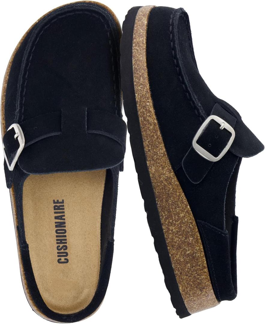 CUSHIONAIRE Hobby Genuine Leather Suede Mule Clogs for Women with Buckle Strap and Cork Footbed, Supportive All-Day Comfort in Womens Shoes (7 Wide, Black)