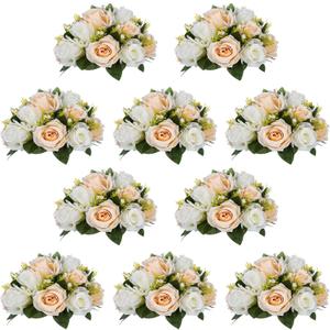 Pcs of 10 Fake Flower Ball Arrangement Bouquet,15 Heads Plastic Roses with Base, Suitable for Our Store's Wedding Centerpiece Flower Rack for Parties Valentine's Day Home Dcor (Champagne & White)