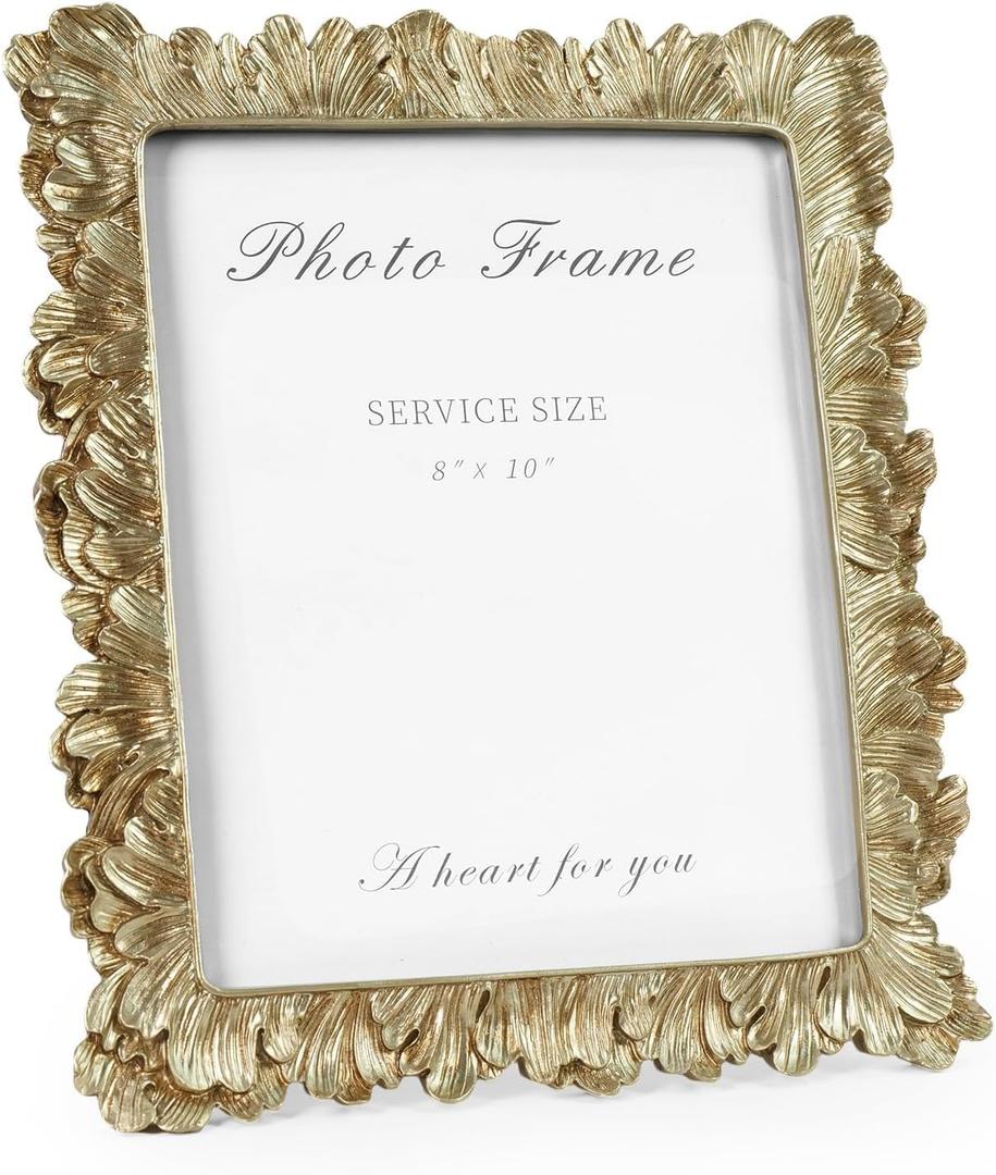 Cuspin 8x10 Picture Frame Vintage Gold Frames, Elegant Photo Frame with Glass Front, Palm Leaves Textured Hand-Crafted Resin Frame for Wall and Tabletop Display Home Decor (Feather Petal Gold)