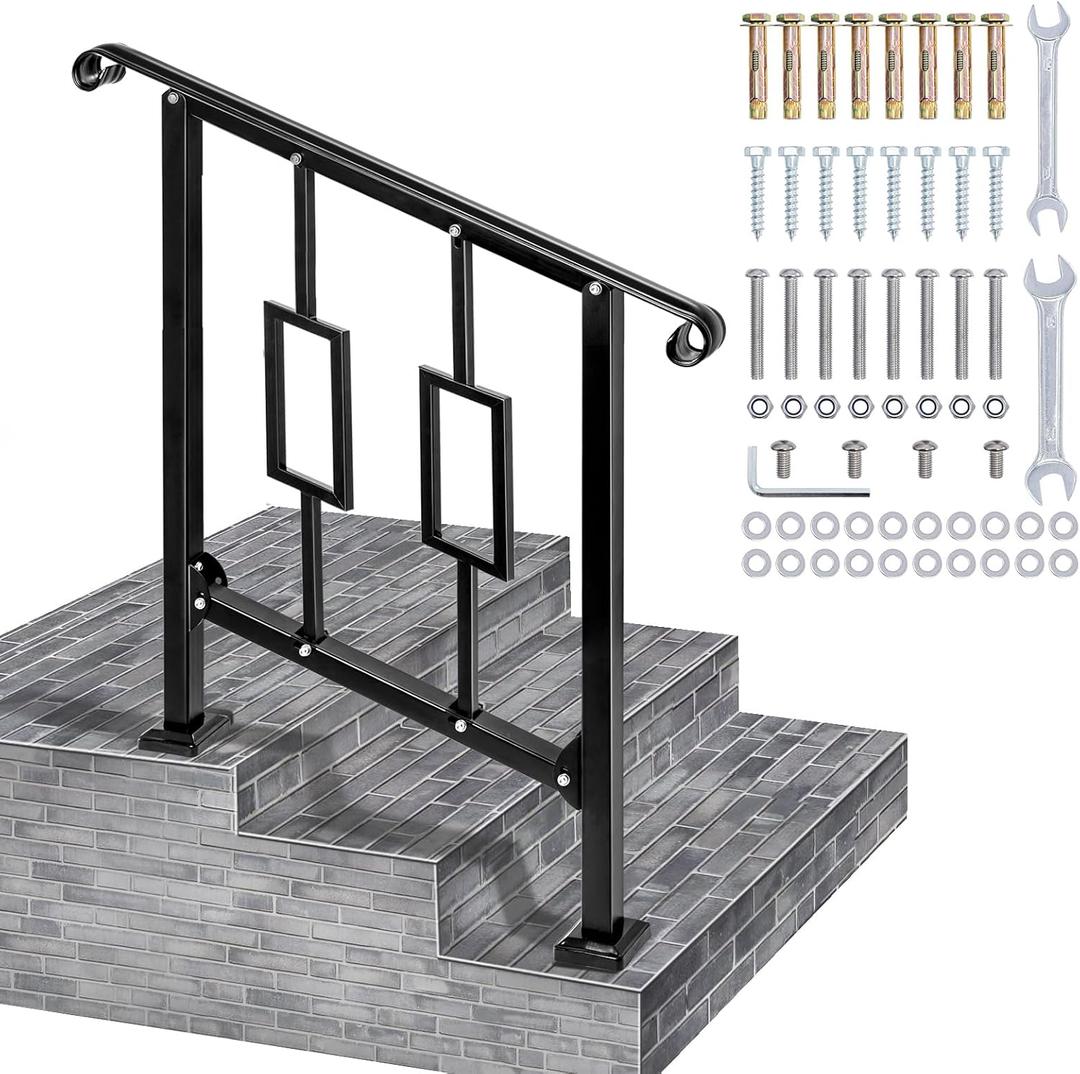 Handrails for Outdoor Steps, Fit 2 or 3 Steps Outdoor Stair Railing, Black Wrought Iron Handrail Handrails for Concrete Steps or Wooden Stairs (2-3 Step Vertical Rect)