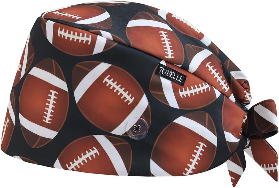American Football Printed Scrub Caps for Men and Women with Buttons, Adjustable Helps Reduce Static Buildup Medical Hats, Classic and Breathable Surgical Caps with Sweatband for Long Hours