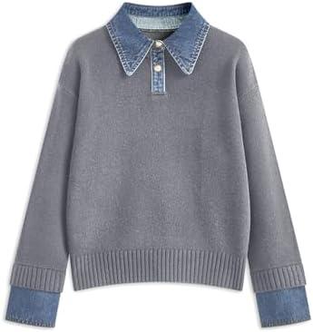 BQDCQB Womens Fall Oversized Long Sleeve Sweaters 2 in 1 Denim Panel Lapel Sweater Polo Knit Sweater Tops, M