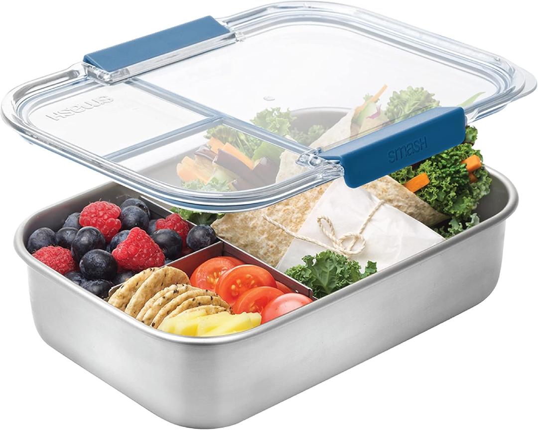 Stainless Steel Bento Lunch Box, 3 Compartments, Blue, Size: 1.3 L / 44fl oz