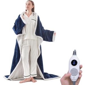 Westinghouse Electric Snuggle Throw Blankets with Foot Pocket, Wearable Heated Blanket with Sleeves, 6 Heating Levels & 2 to 10 Hours Heating Time Settings, 50 * 70"+18", Navy Blue&Ivory