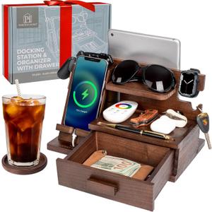 Wood Phone Docking Station with Drawer, Compatible with Apple Watch - Wood Charging Station Organizer Stand, Bedside Nightstand Organizer for Men, Holds Phone, Tablet, Keys, Glasses, EDC (Brown)