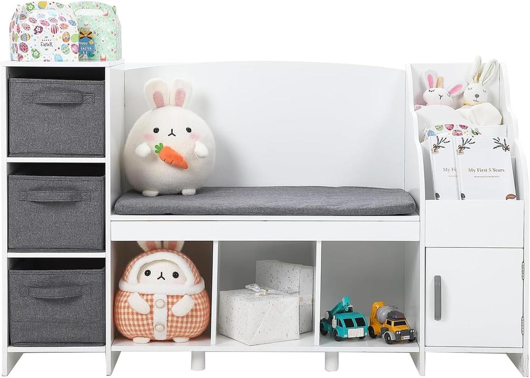 GarveeHome Kids Bookshelf with Reading Nook, Toddler Bookcase with Seat Cushion and Adjustable Shelf, Storage Bench with Book Rack for Bedroom, Playroom, Nursery, White