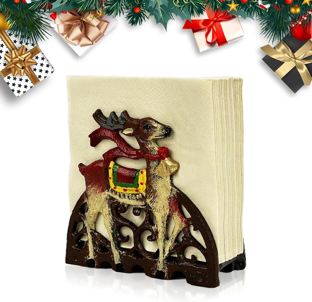 Christmas Cast Iron Napkin Holder - Retro Industrial Tissue Paper Dispenser for Table, Festive Deer Design, Durable Pure Iron Napkin Stand for Paper Napkins, Exquisite New Home Warm-Up Gift