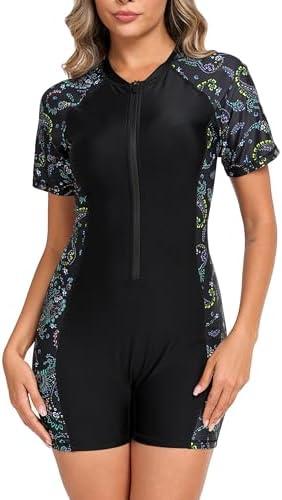 Halcurt Women's Boyleg One Piece Rash Guard with Built in Bra UPF50+ Zip Long Sleeve Full Body Modest Swimsuit, Size XL