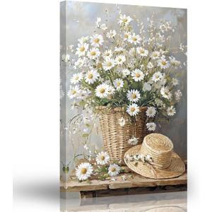 ARTZGX Farmhouse Daisy Wall Art Rustic Floral Canvas Prints Vintage Country Flower Pictures for Kitchen Bathroom Wall Decor Frame(White 16L x 24W)