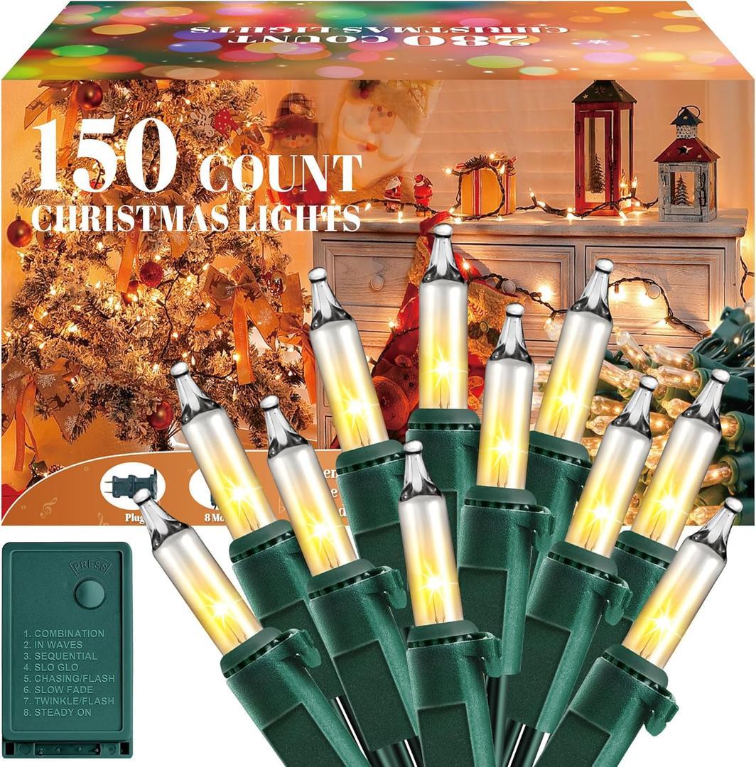 Meonum Chasing Christmas Lights, 8 Function Controller Clear Mini Bulbs Green Wire Indoor String Lights, 71 Feet Long Holiday Decor, for Christmas Tree(Warm White,150 Bulbs)