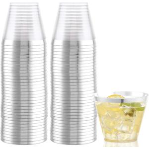 Hioasis 100Pcs 9OZ Clear Plastic Cups with silver Trim - Plastic Disposable Cups, Heavy Duty & BPA-free for Party, Wedding, Celebrations