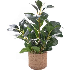 12.6" Fake Plants in Brown Ceramic Vase Real Looking and Touching Evergreen Ficus Leaf Faux Plant Indoor for Book Shelf Bathroom Office Desk Kitchen Counter Bedroom Small Space Artificial Plant Decor (Plant B)