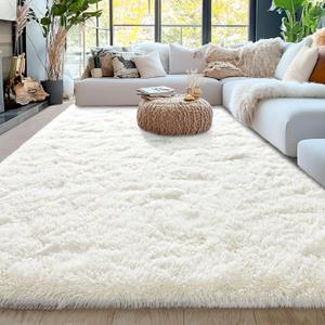 5x7ft Fluffy Fuzzy Area Rug for Living Room Bedroom, Ultra Soft Rugs for Living Room, Modern Shaggy Carpets Rug for Boys Girls Dorm Nursery Home Decor Aesthetic, Upgrade Non-Slip Durable, Cream White