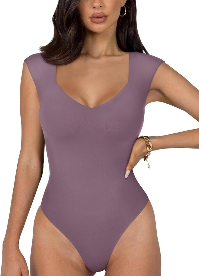 REORIA Butsmooth Women's Trendy Sexy Casual V Neck Double Lined Sleeveless Slimming Going Out Tank Top Bodysuits (M, Grey Purple)