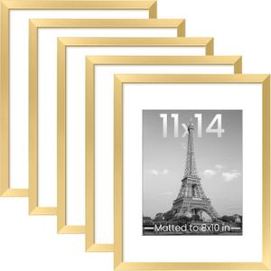 Upsimples 11x14 Picture Frame Set of 5, Display Pictures 8x10 with Mat or 11x14 Without Mat, Wall Gallery Photo Frames, Gold