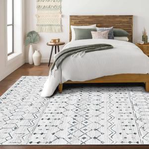 Deerly Moroccan Area Rugs 5x7 Washable Rug Distressed, Boho Farmhouse 5x7 Rug with Non-Slip Backing, Soft Low Pile Indoor Floor Carpet Neutral Rug for Bedroom Playroom, White/Dark Grey