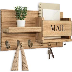 Mail Organizer for Wall Mount  Key Holder with Shelf Includes Letter Holder and Hooks for Hallway Farmhouse Decor  Rustic Wood with Flush Mounting Hardware (16.5 x 9.1 x 3.4) (Wood)