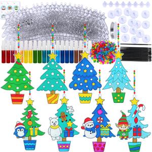 Winlyn 24 Sets Potted Christmas Tree Suncatchers Ornaments Decorations DIY Window Paint Art Suncatchers Winter Crafts Painting Kits for Kids Classroom Activities Art Project Party Favors