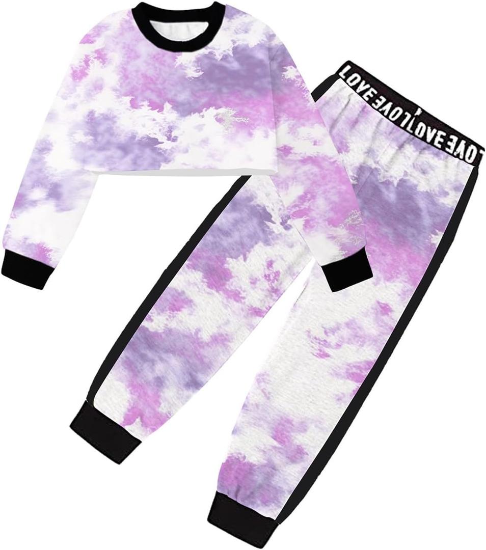 Betusline Girls 2 Piece Outfits, Tie-Dye Pullover Crop Sweatshirt Tops + Sweat Jogging Pants 2 Pieces Clothes Set，Purple Mist，11-12 Years = Tag 160