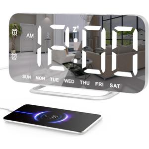Slim LED Digital Alarm Clock, Mirror Surface for Makeup, with Diming, Large Display, Easy Setting, USB Charger Ports, Modern Bedroom, Desk, Office Living Room Decor, Christmas Birthday for Women Girl