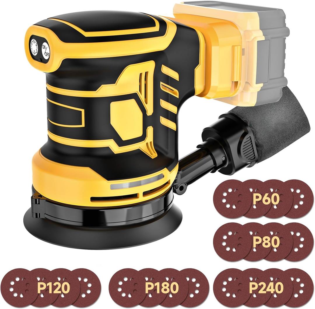 5-Inch Random Orbital Sander, Cordless Sanding Machine Compatible with Dewalt 20V Battery(NO Battery), Brushless Electric Sander with Dust Collector (Light Yellow)
